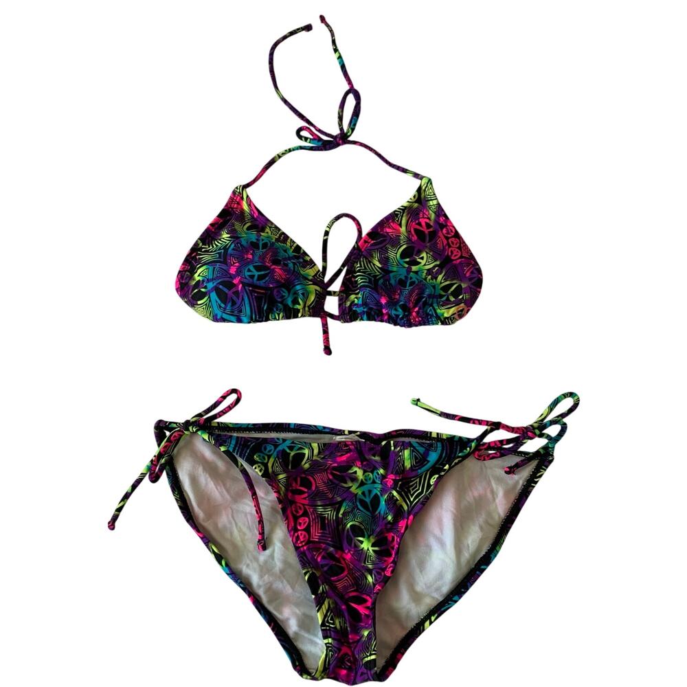 Op Juniors Medium 2 Piece Swimsuit Peace Sign Tie Die Bright Color String Bikini